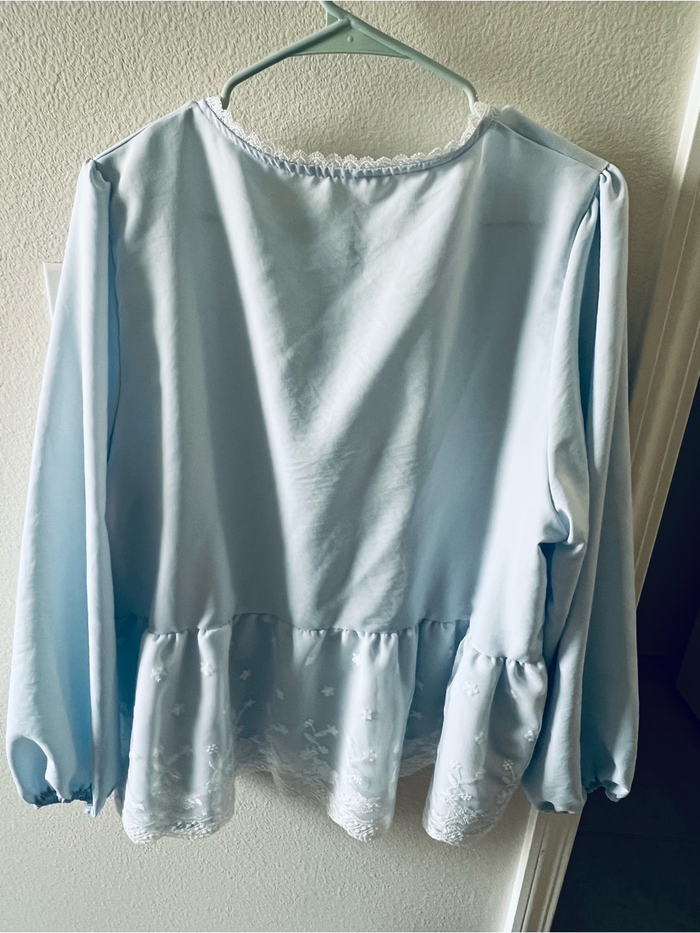 SHEIN Light Blue Lace-Trim Peplum Tie-Front Blouse - Picture 4 of 4